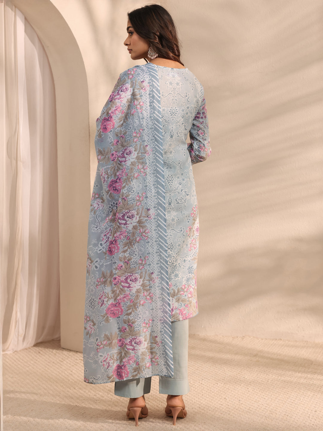 Grey Floral Printed Cotton Blend Straight Suit Set With Dupatta