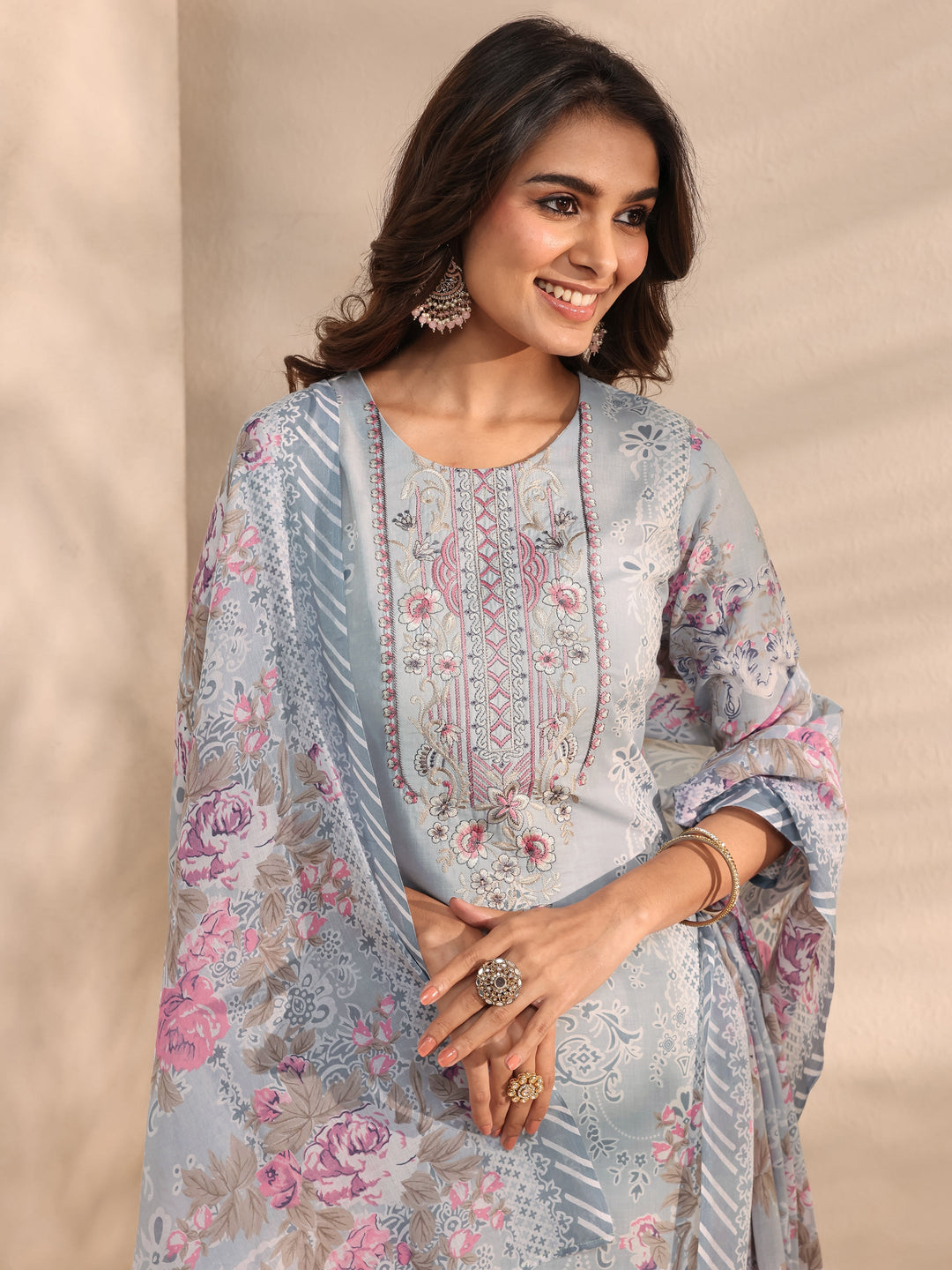 Grey Floral Printed Cotton Blend Straight Suit Set With Dupatta