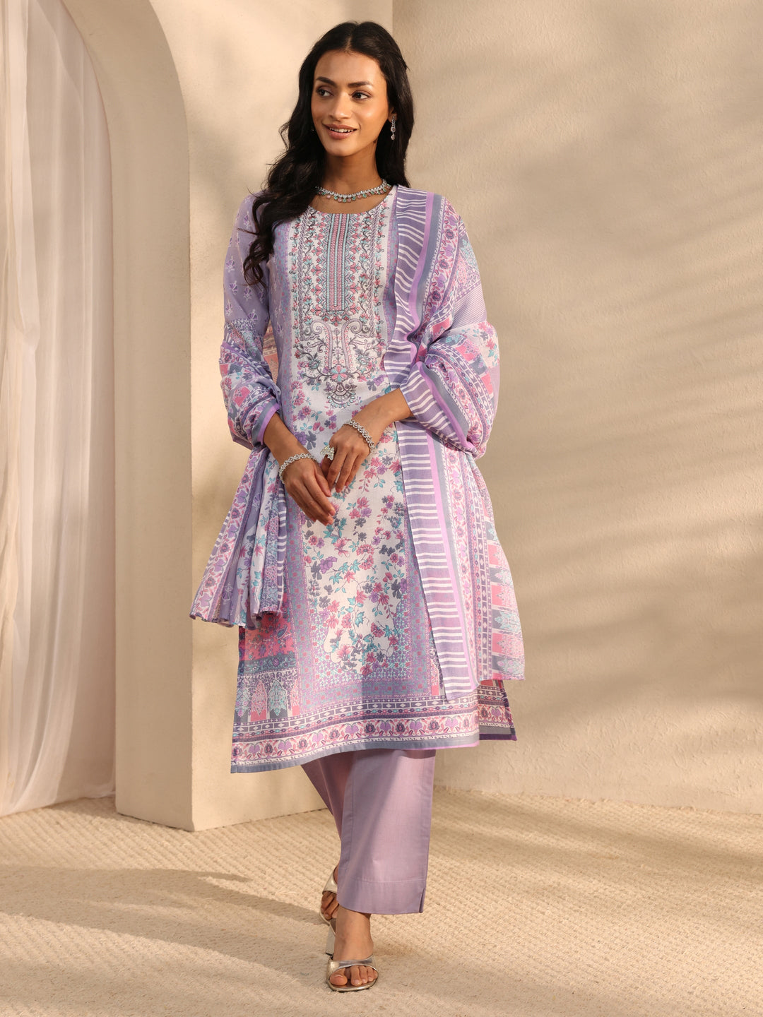 Lavender Multi Printed Cotton Blend Straight Suit Set With Dupatta
