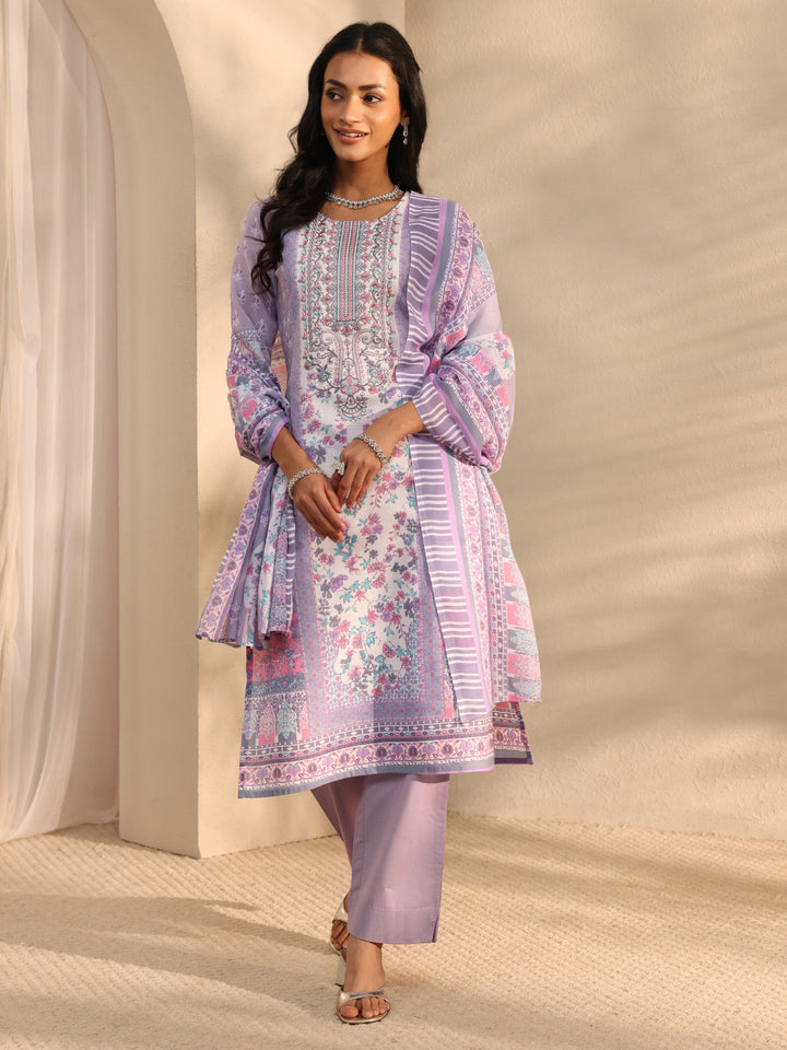 Lavender Multi Printed Cotton Blend Straight Suit Set With Dupatta
