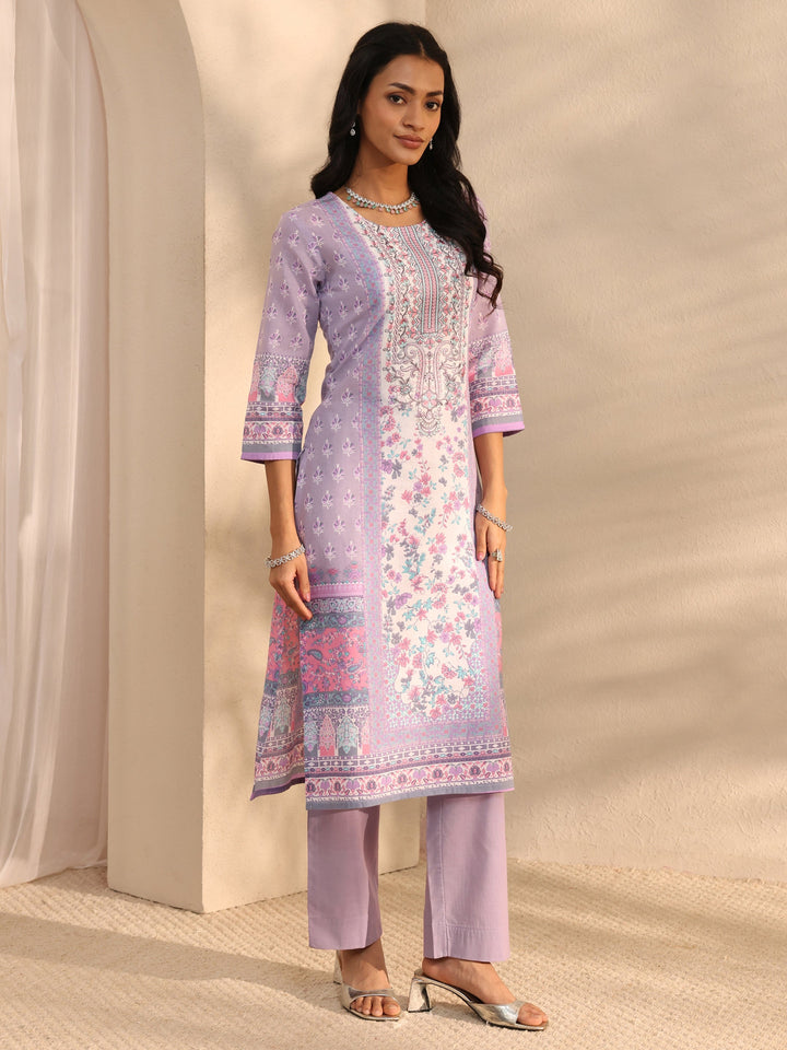Lavender Multi Printed Cotton Blend Straight Suit Set With Dupatta