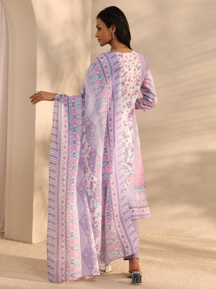 Lavender Multi Printed Cotton Blend Straight Suit Set With Dupatta