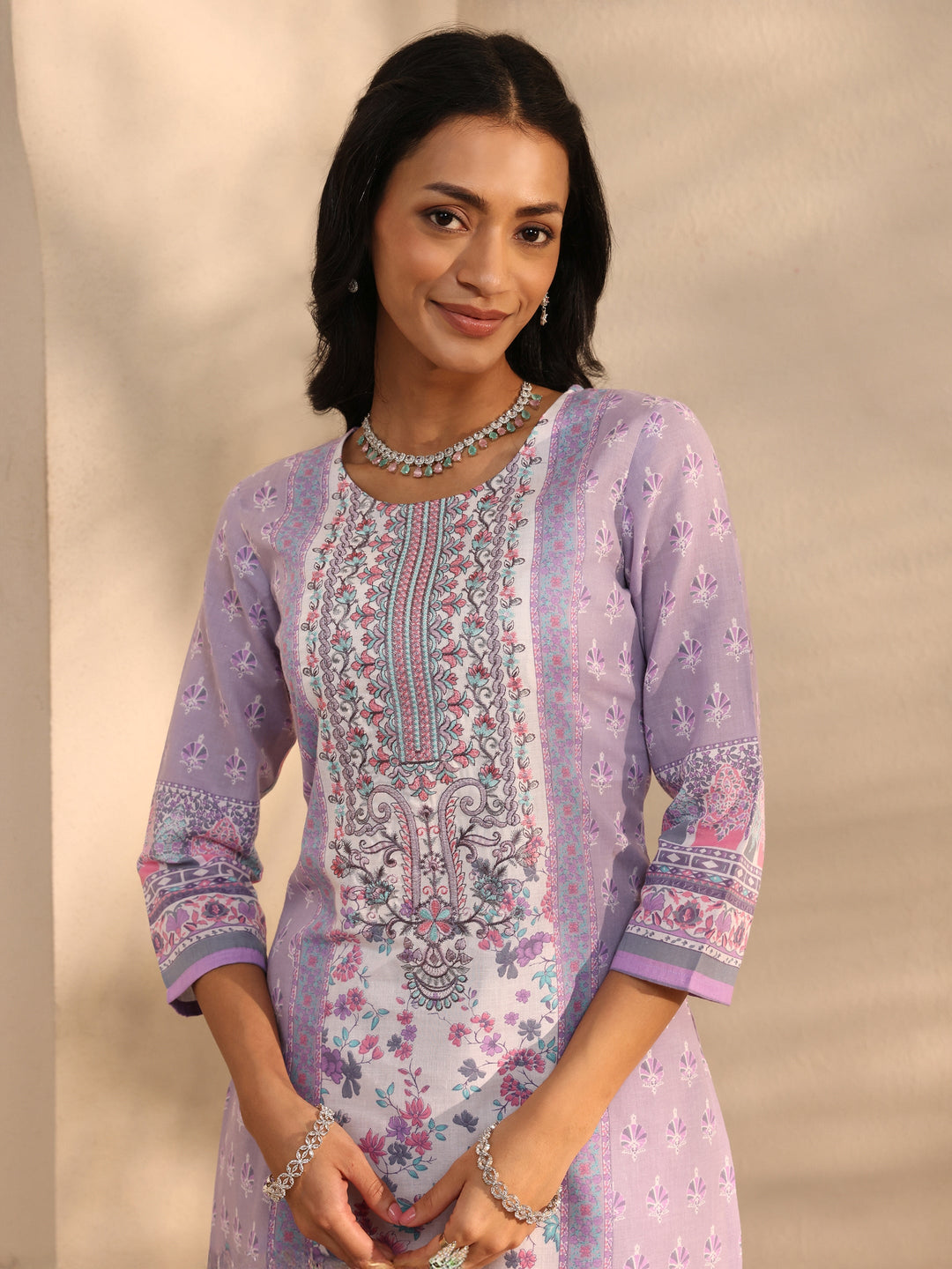 Lavender Multi Printed Cotton Blend Straight Suit Set With Dupatta