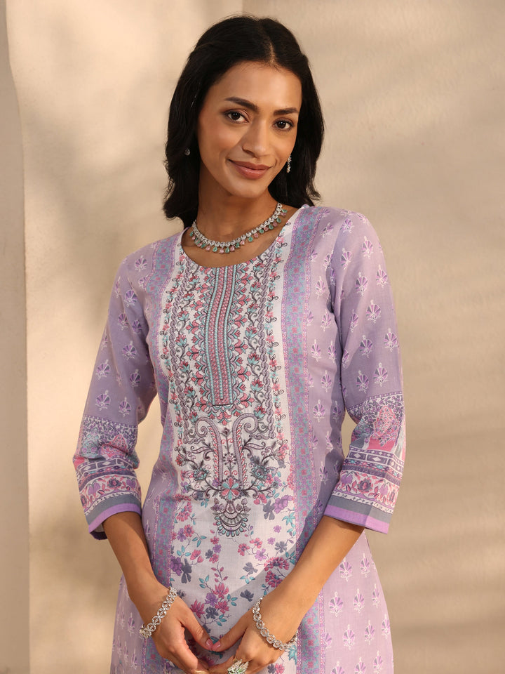 Lavender Multi Printed Cotton Blend Straight Suit Set With Dupatta