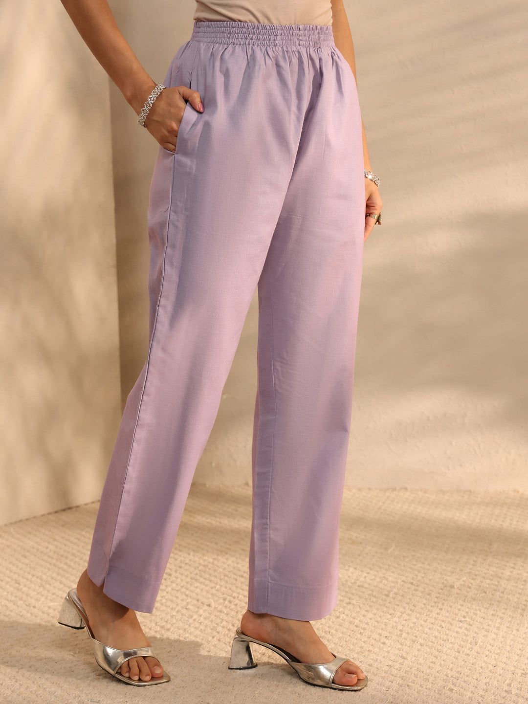 Lavender Multi Printed Cotton Blend Straight Suit Set With Dupatta