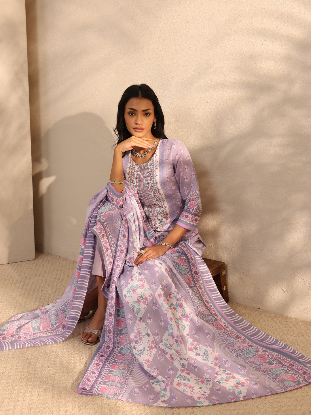Lavender Multi Printed Cotton Blend Straight Suit Set With Dupatta