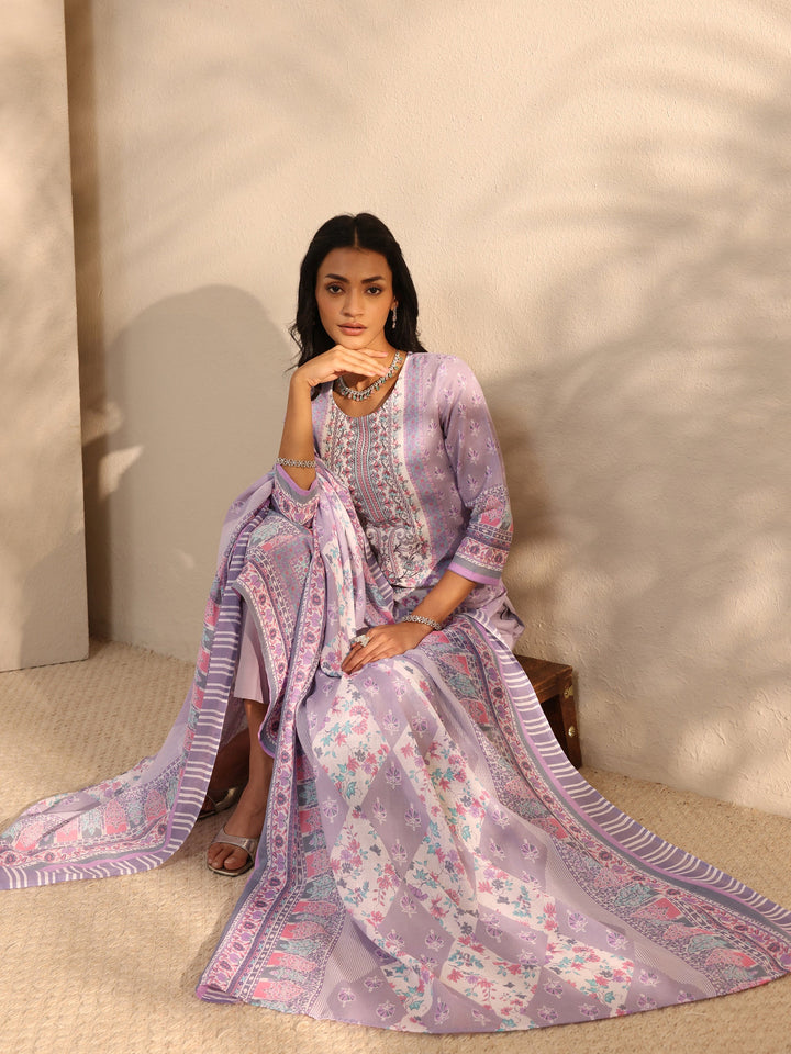 Lavender Multi Printed Cotton Blend Straight Suit Set With Dupatta