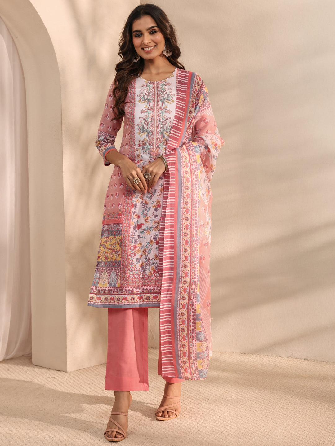 Peach Floral Printed Cotton Blend Straight Suit Set With Dupatta