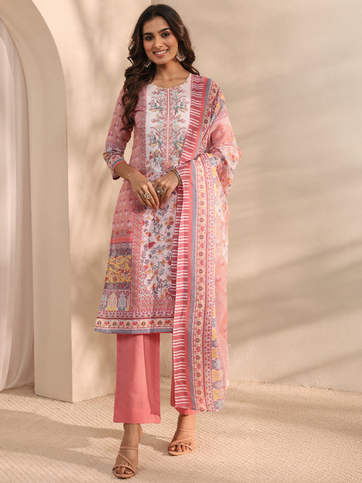 Peach Floral Printed Cotton Blend Straight Suit Set With Dupatta