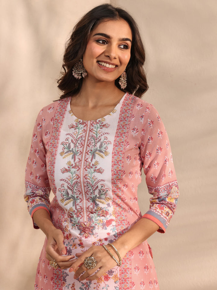 Peach Floral Printed Cotton Blend Straight Suit Set With Dupatta