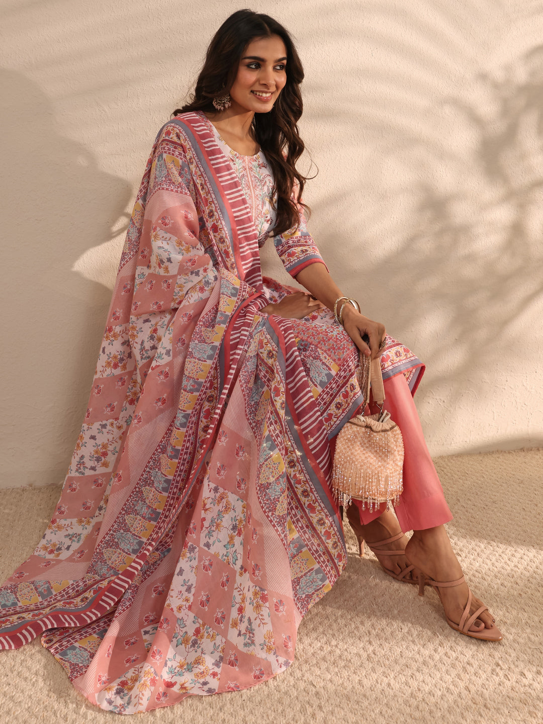 Peach Floral Printed Cotton Blend Straight Suit Set With Dupatta