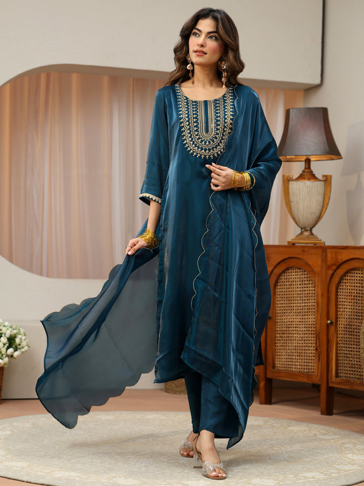 Navy Blue Yoke Design Tissue Straight Suit Set