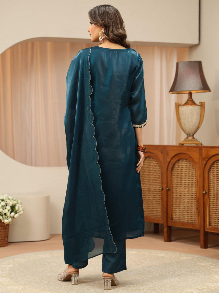 Navy Blue Yoke Design Tissue Straight Suit Set