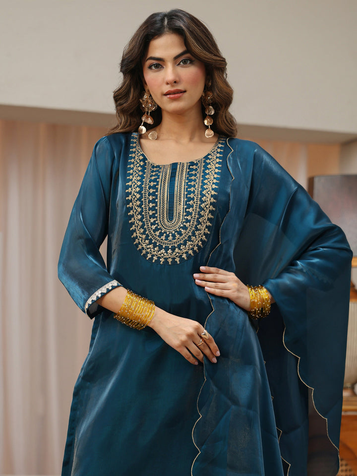 Navy Blue Yoke Design Tissue Straight Suit Set