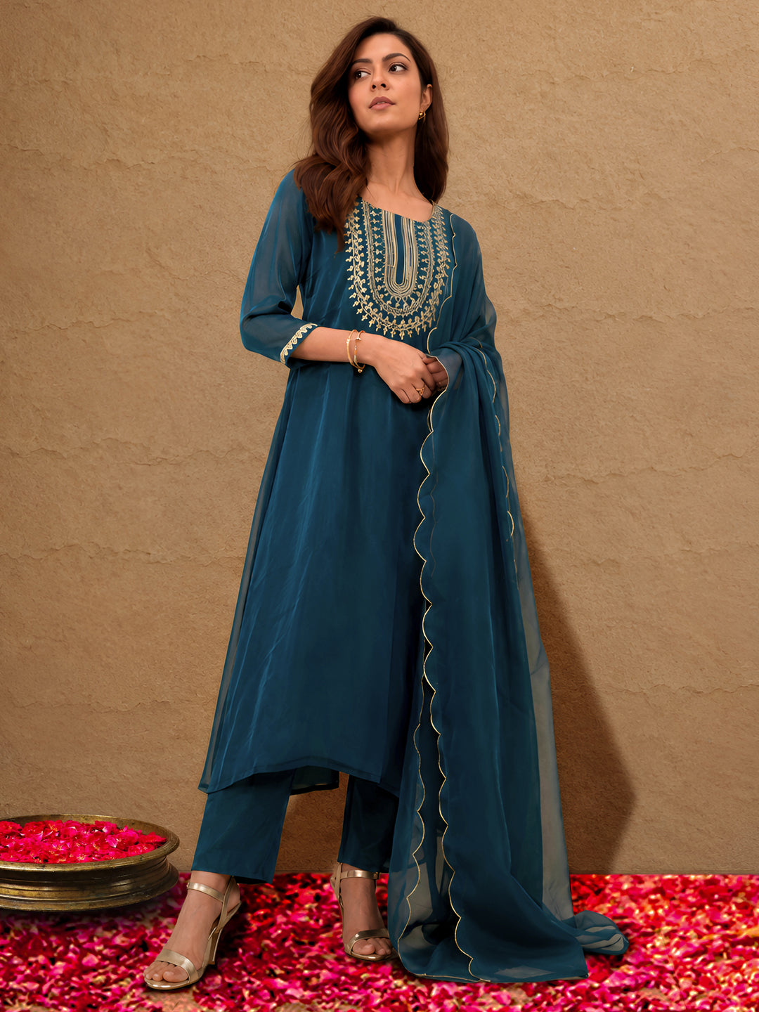Gerua Navy Blue Yoke Design Tissue Straight Suit Set