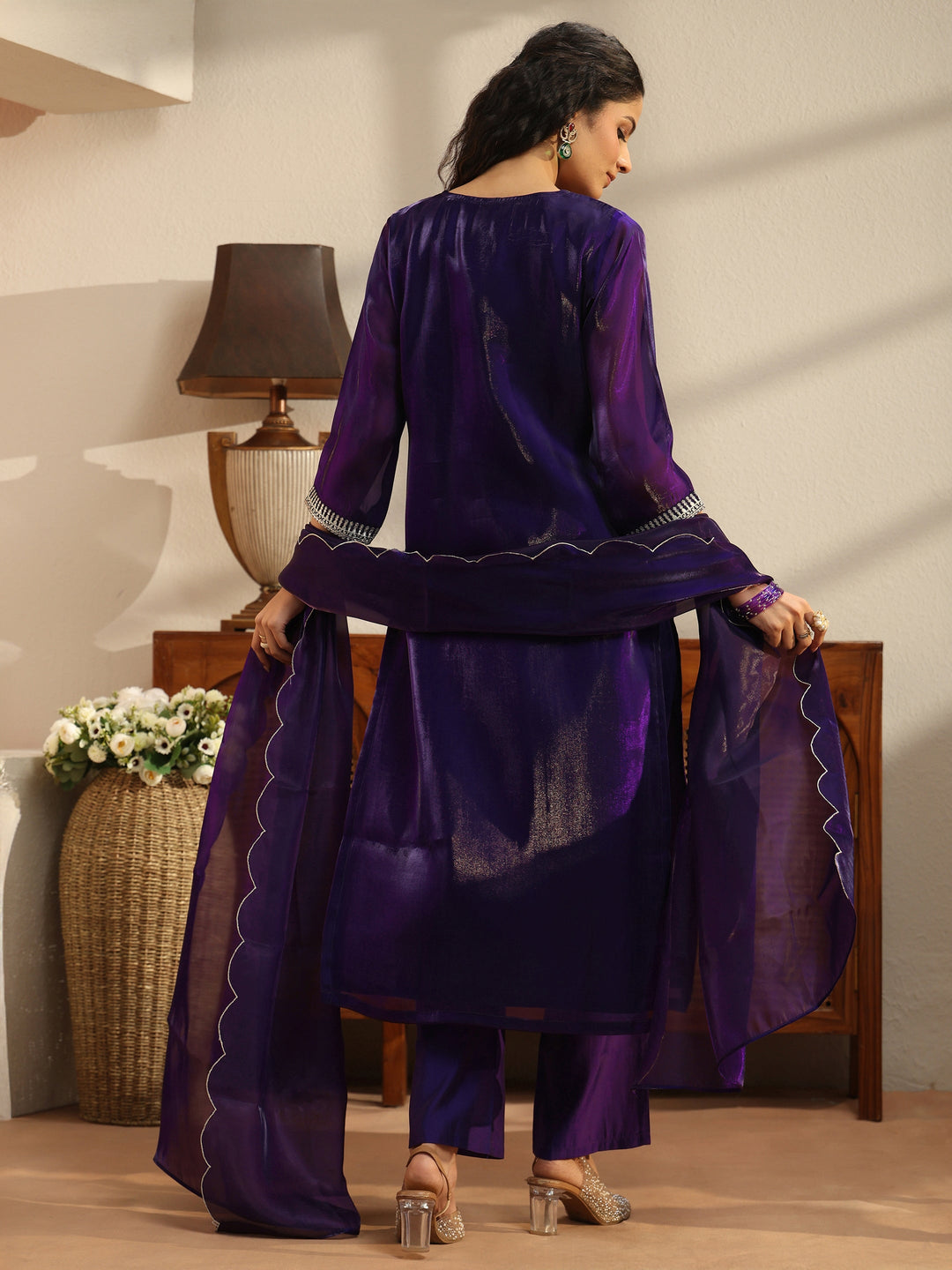 Purple Yoke Design Tissue Straight Suit Set