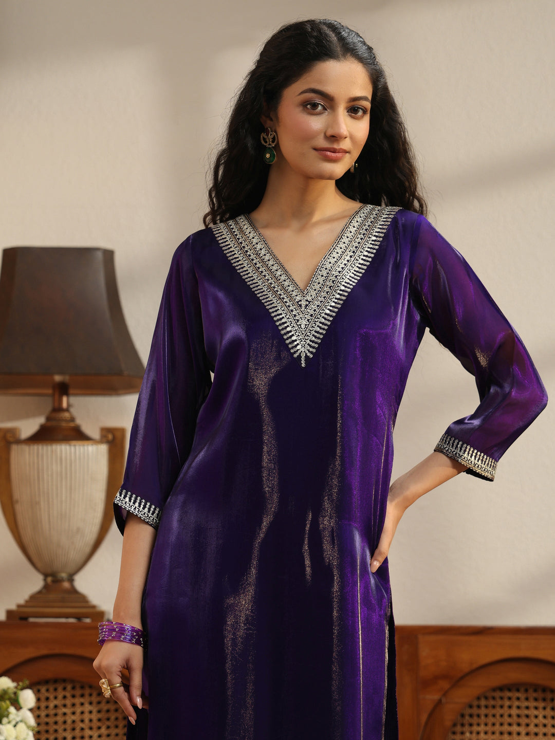 Purple Yoke Design Tissue Straight Suit Set