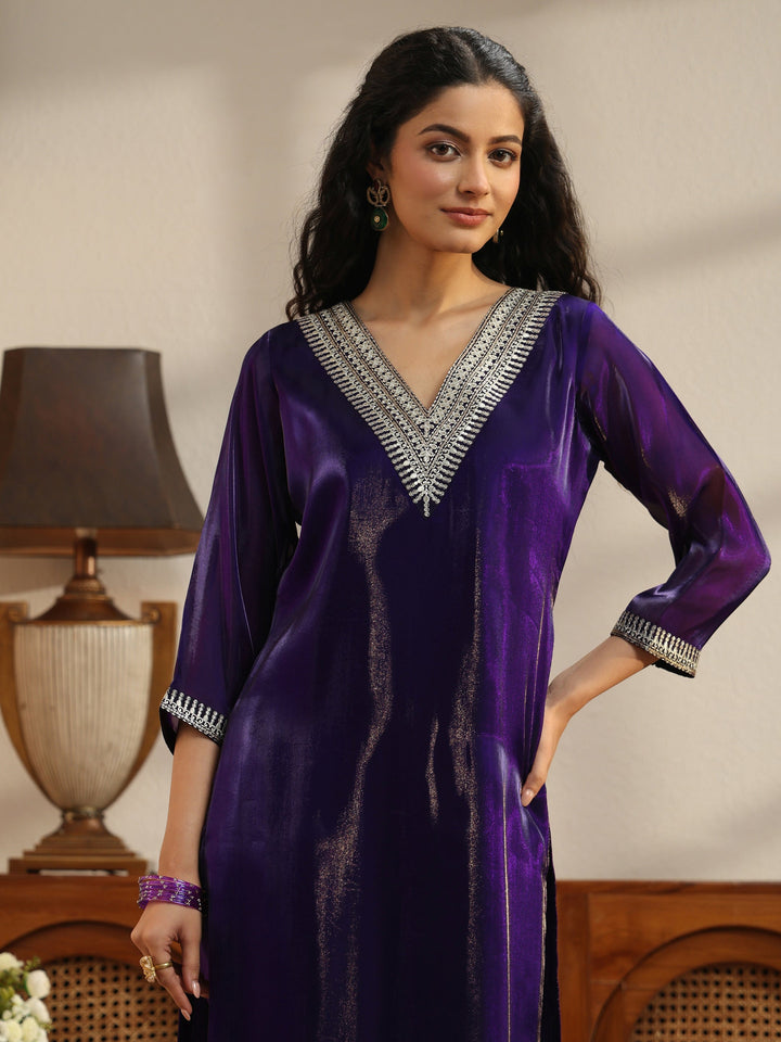 Purple Yoke Design Tissue Straight Suit Set