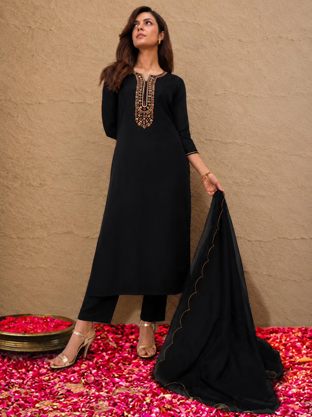 Gerua Black Floral Yoke Design Tissue Straight Suit Set