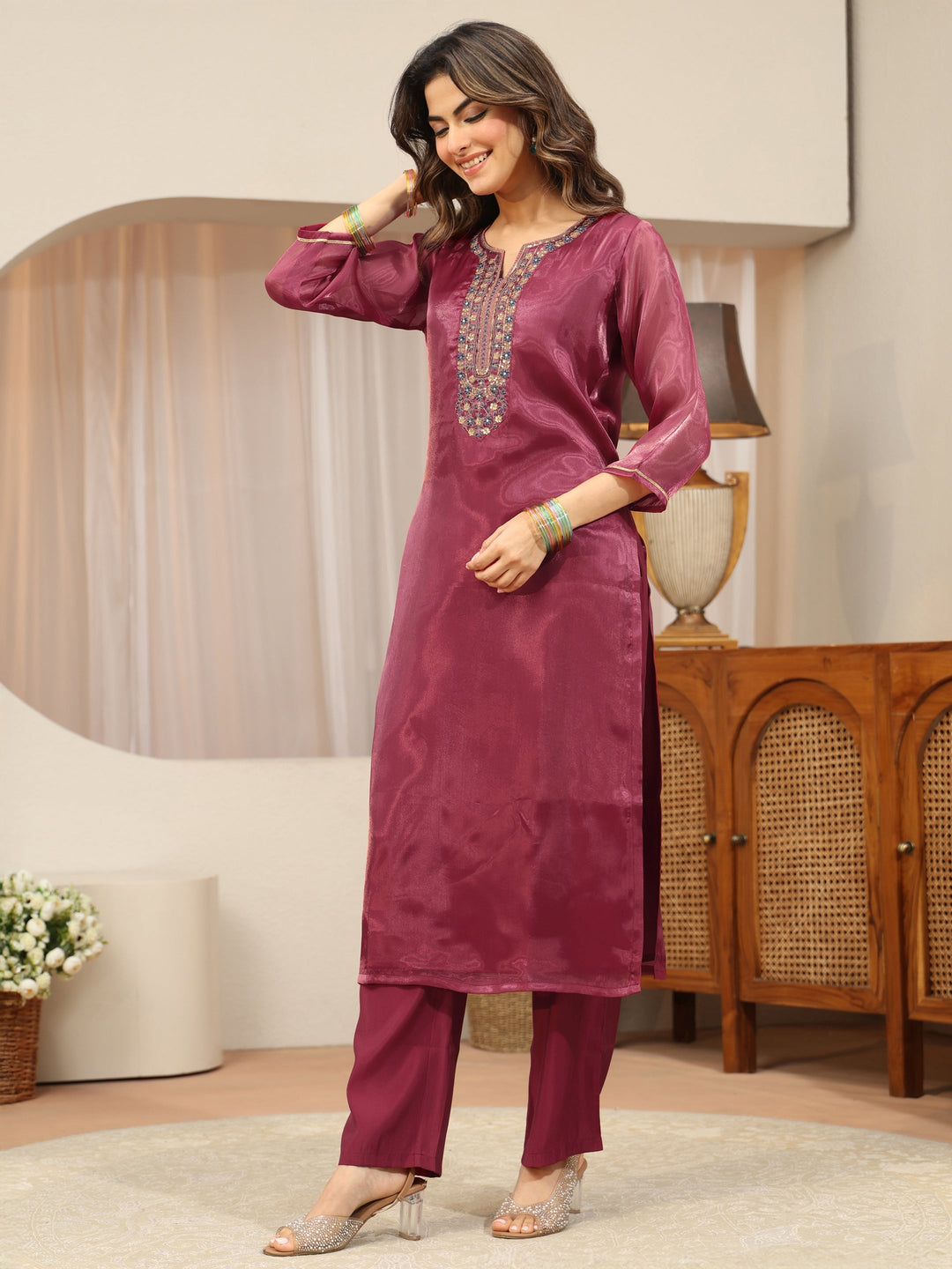 Maroon Yoke Design Tissue Straight Suit Set