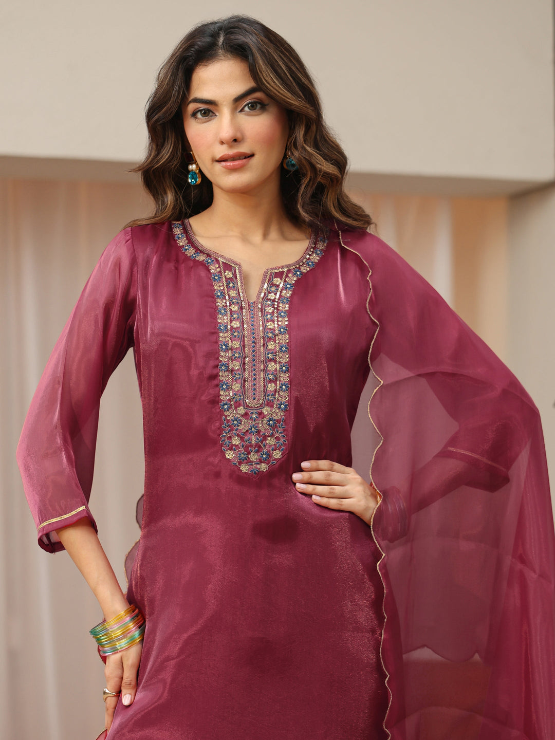 Maroon Yoke Design Tissue Straight Suit Set