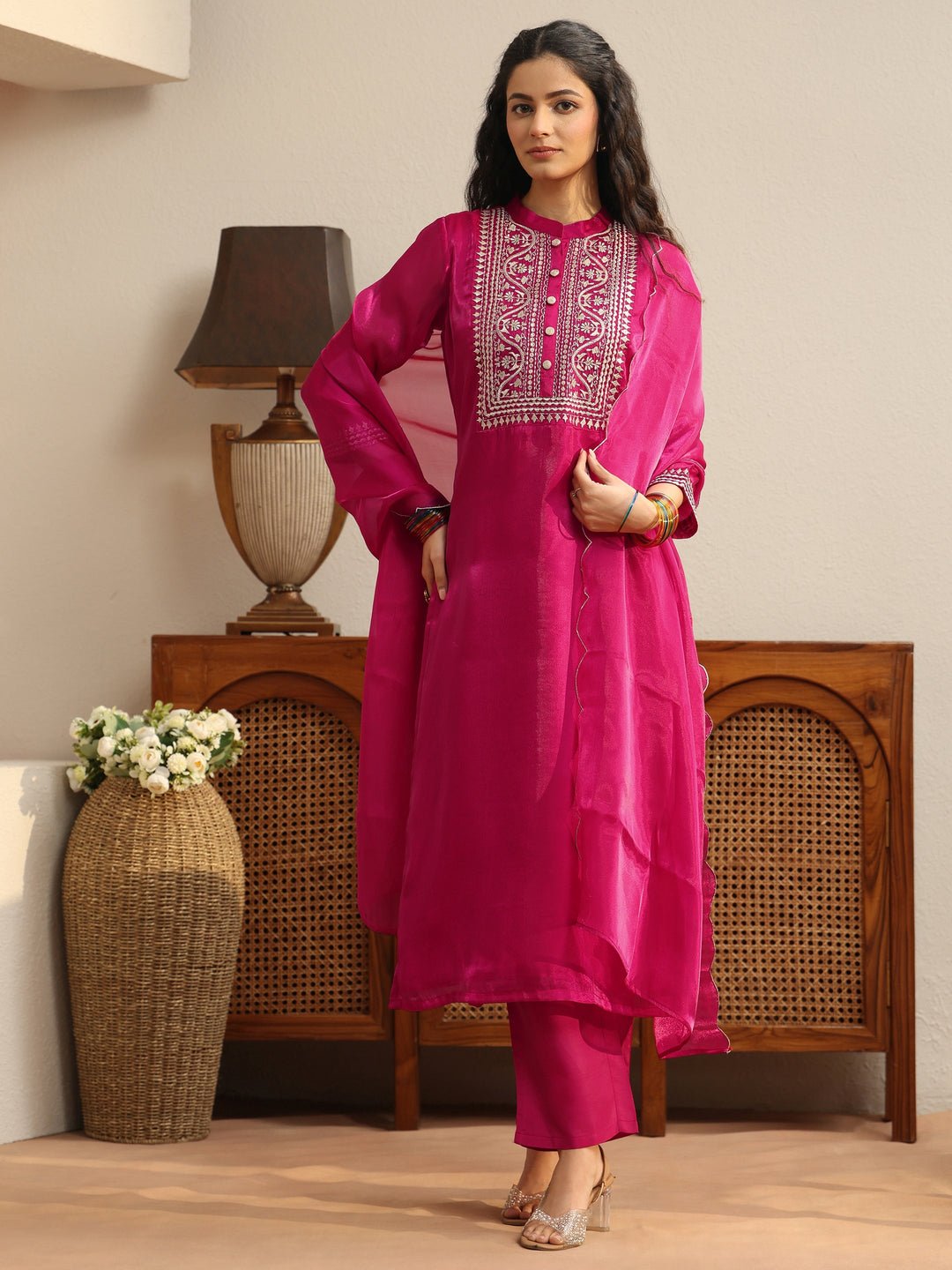 Pink Yoke Design Tissue Straight Suit Set