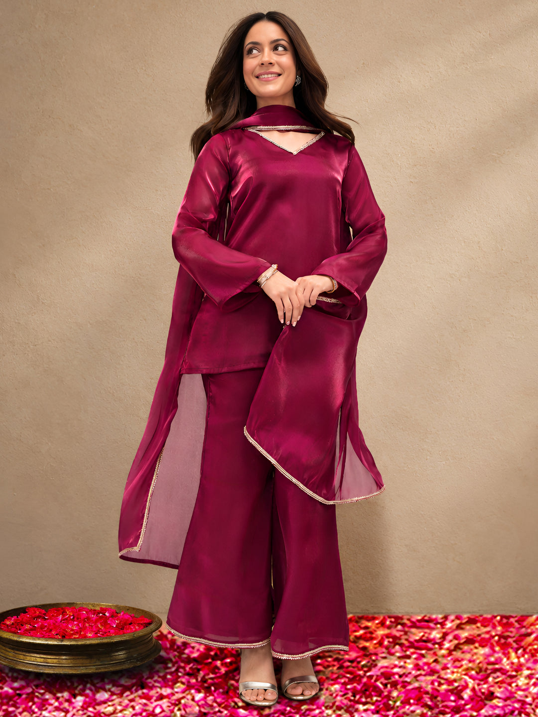 Gerua Maroon Solid Tissue Palazzo Suit Set