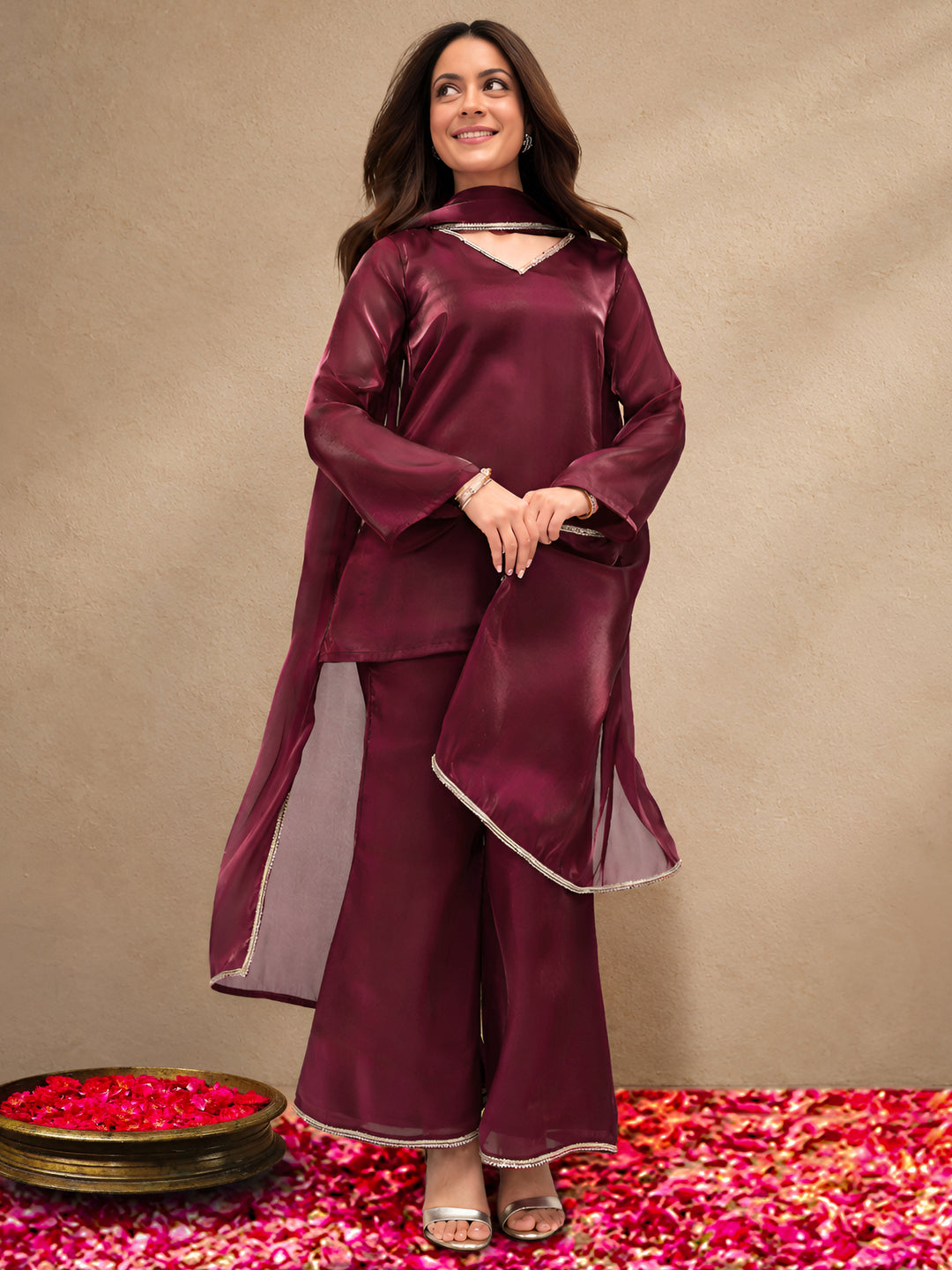 Gerua Maroon Solid Tissue Palazzo Suit Set