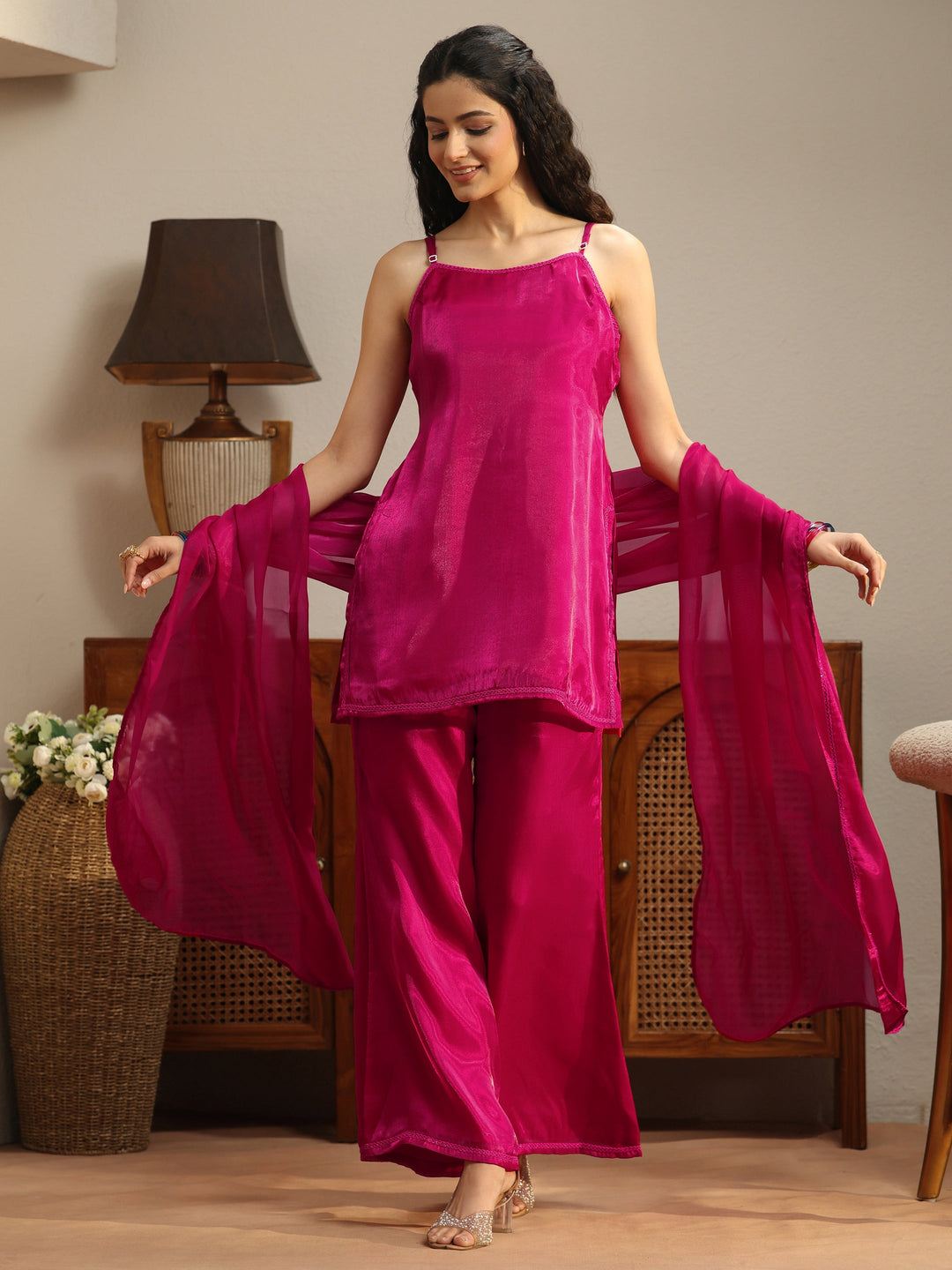 Pink Solid Tissue Palazzo Suit Set