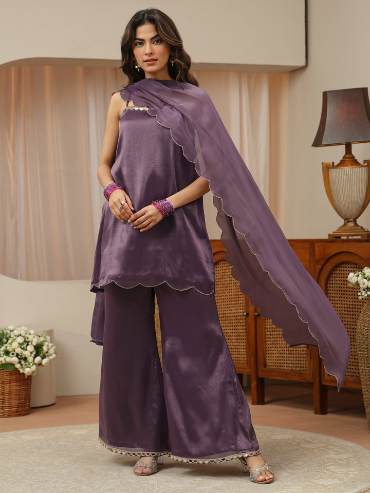 Purple Embellished Tissue Palazzo Suit Set