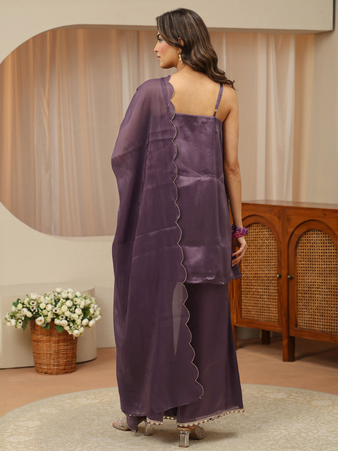 Purple Embellished Tissue Palazzo Suit Set