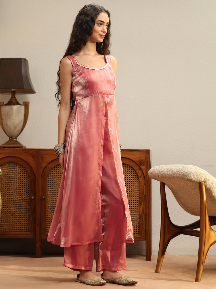 Peach Solid Tissue Front Slit A-Line Kurta Set