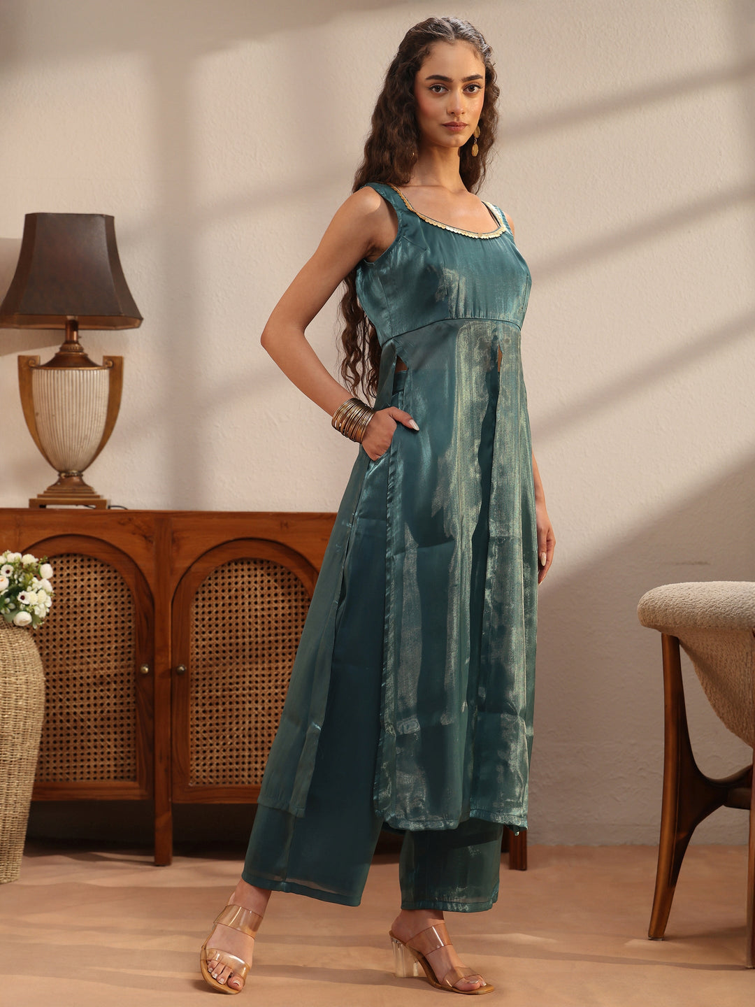 Teal Solid Tissue Front Slit A-Line Kurta Set