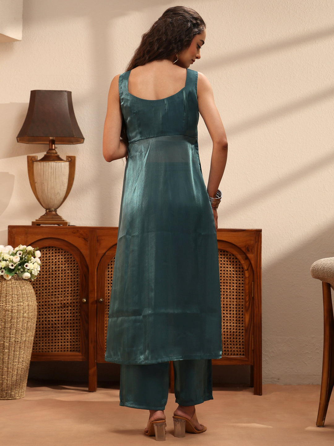 Teal Solid Tissue Front Slit A-Line Kurta Set