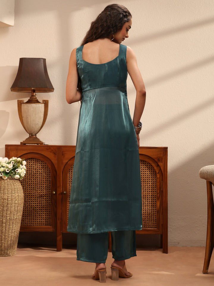 Teal Solid Tissue Front Slit A-Line Kurta Set