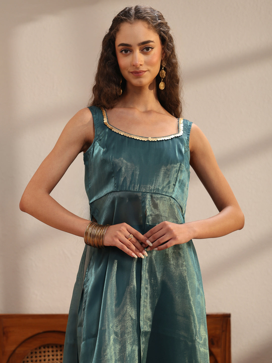 Teal Solid Tissue Front Slit A-Line Kurta Set