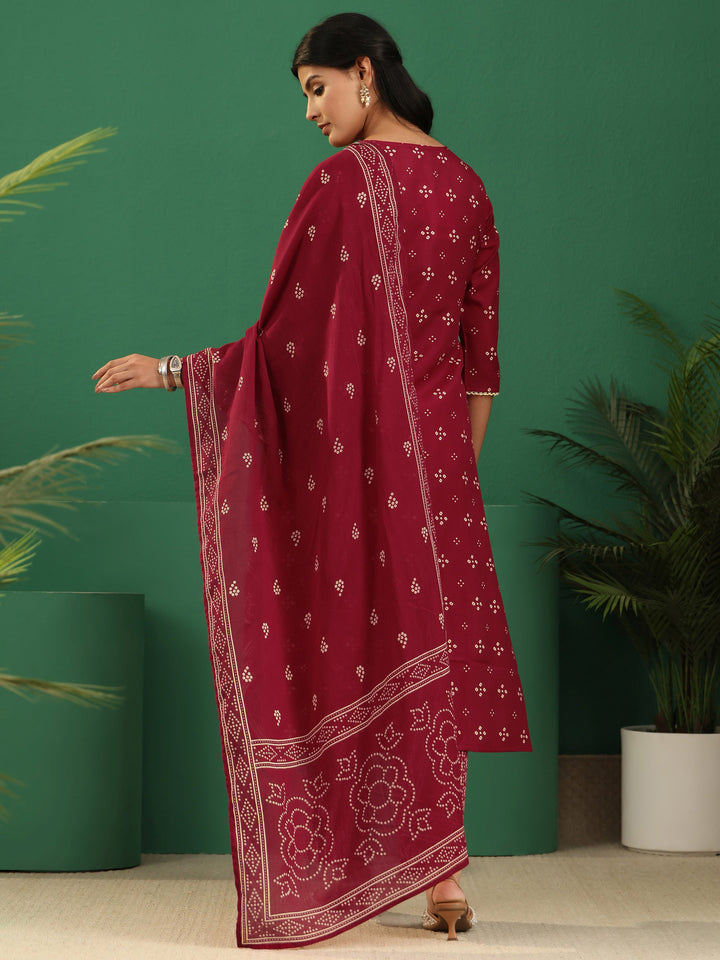 Gerua Crimson Red Bandhani Cotton Blend Straight Suit Set