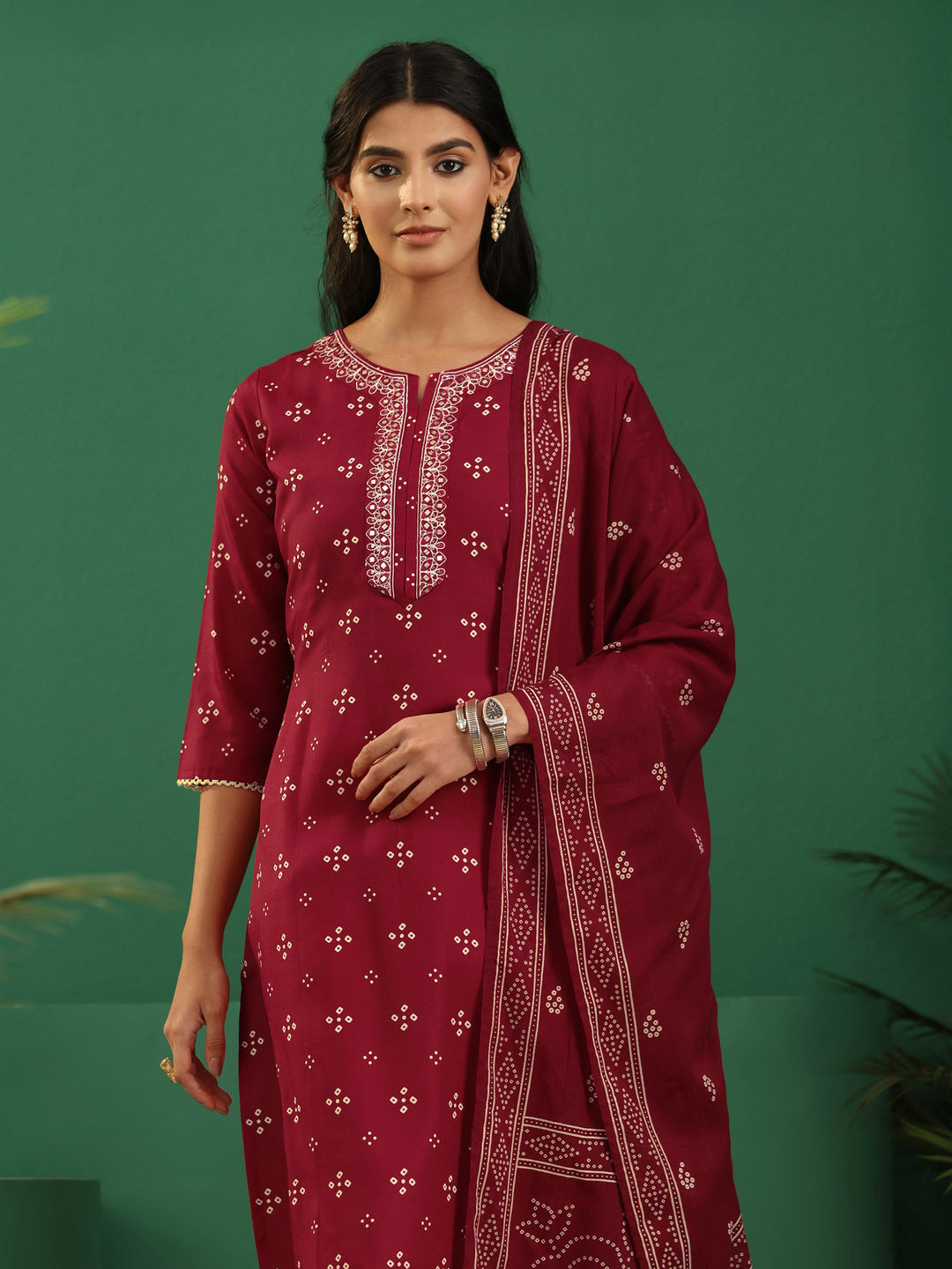 Gerua Crimson Red Bandhani Cotton Blend Straight Suit Set