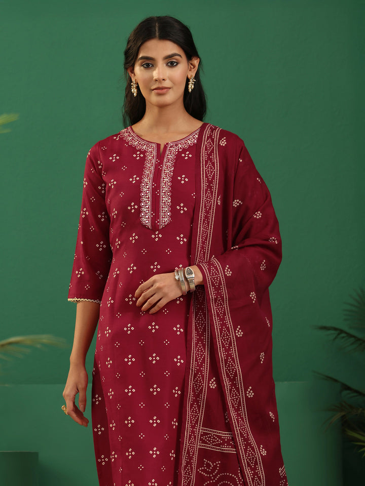 Gerua Crimson Red Bandhani Cotton Blend Straight Suit Set