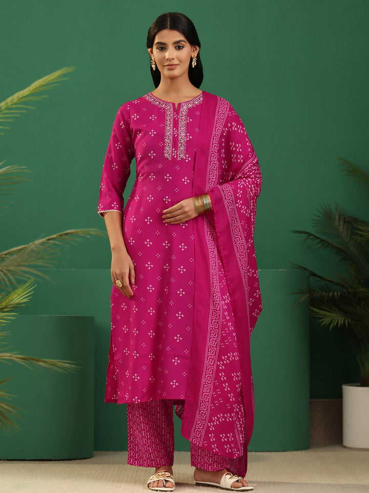 Gerua Magenta Pink Bandhani Cotton Blend Straight Suit Set