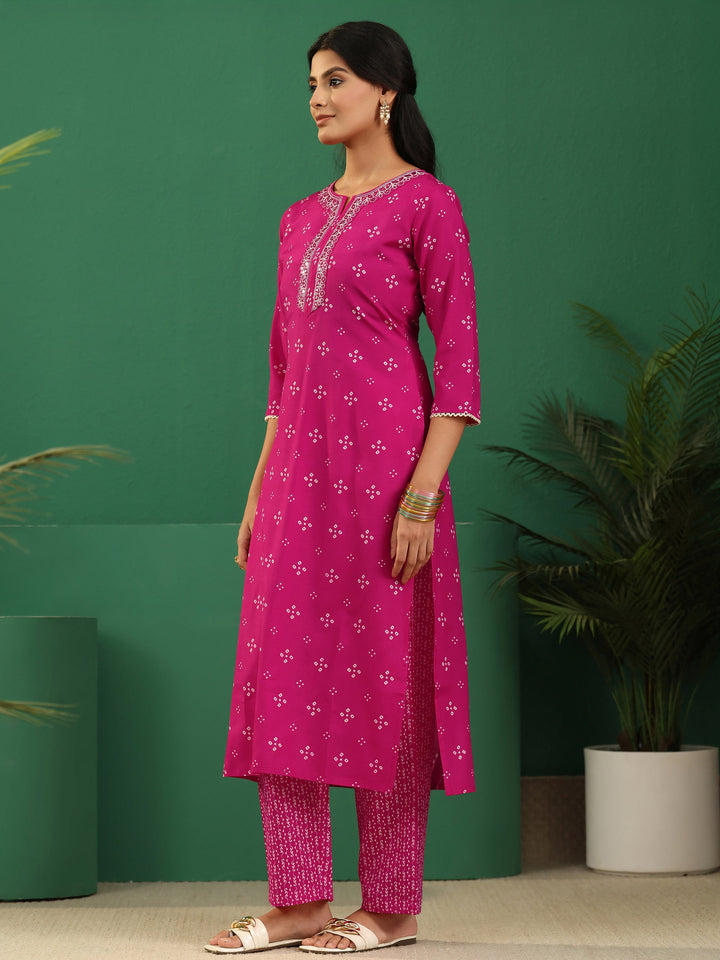 Gerua Magenta Pink Bandhani Cotton Blend Straight Suit Set