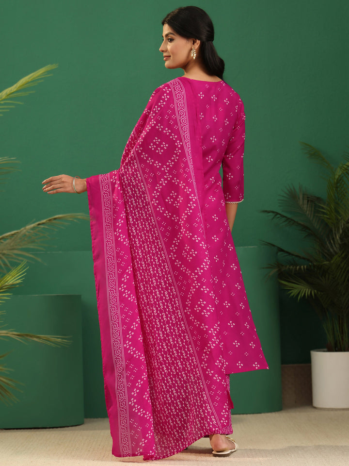 Gerua Magenta Pink Bandhani Cotton Blend Straight Suit Set