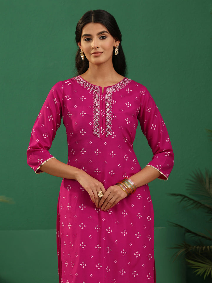 Gerua Magenta Pink Bandhani Cotton Blend Straight Suit Set
