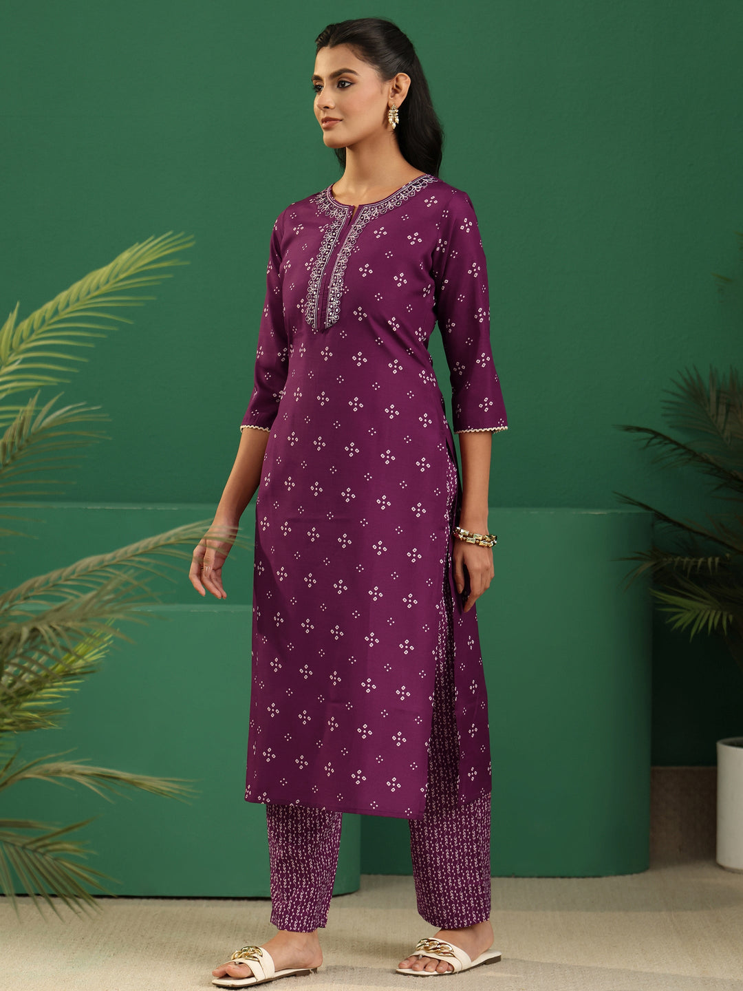 Gerua Plum Purple Bandhani Printed Cotton Blend Straight Suit Set
