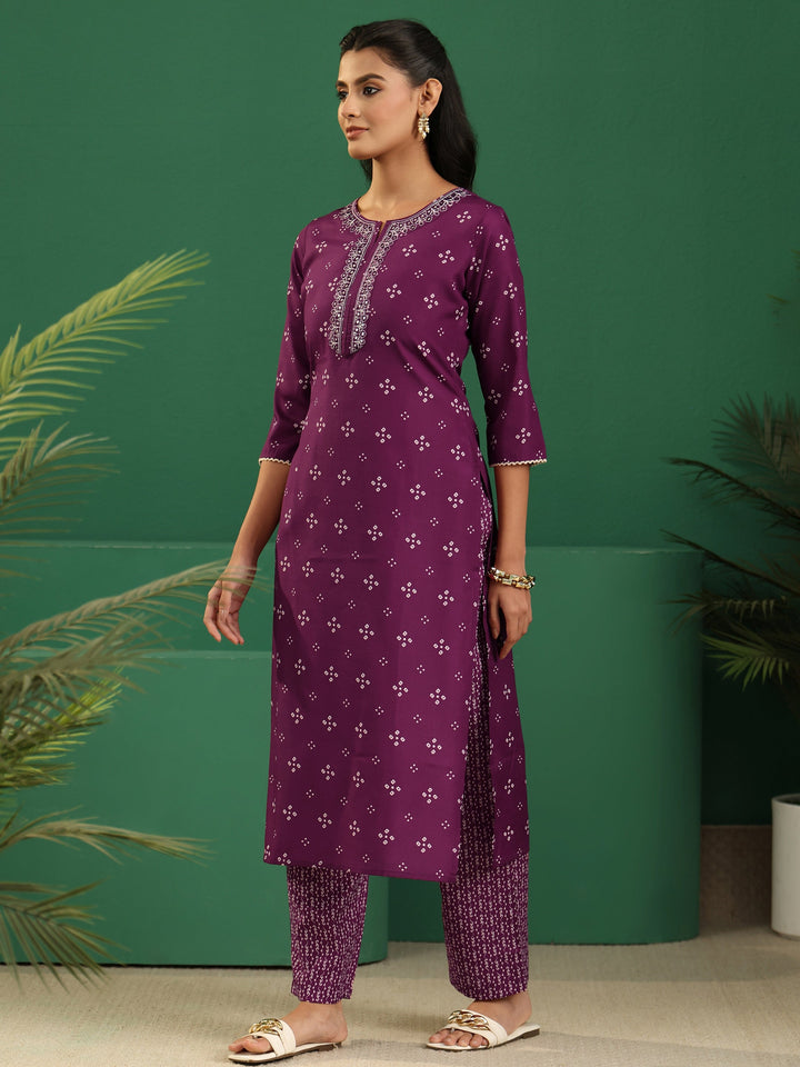 Gerua Plum Purple Bandhani Printed Cotton Blend Straight Suit Set