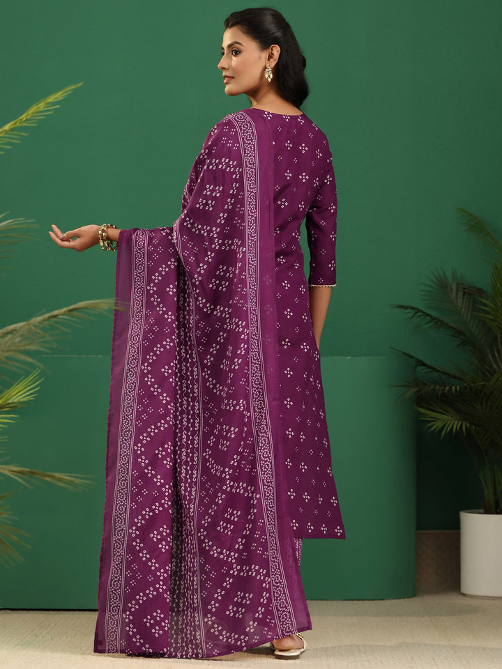 Gerua Plum Purple Bandhani Printed Cotton Blend Straight Suit Set