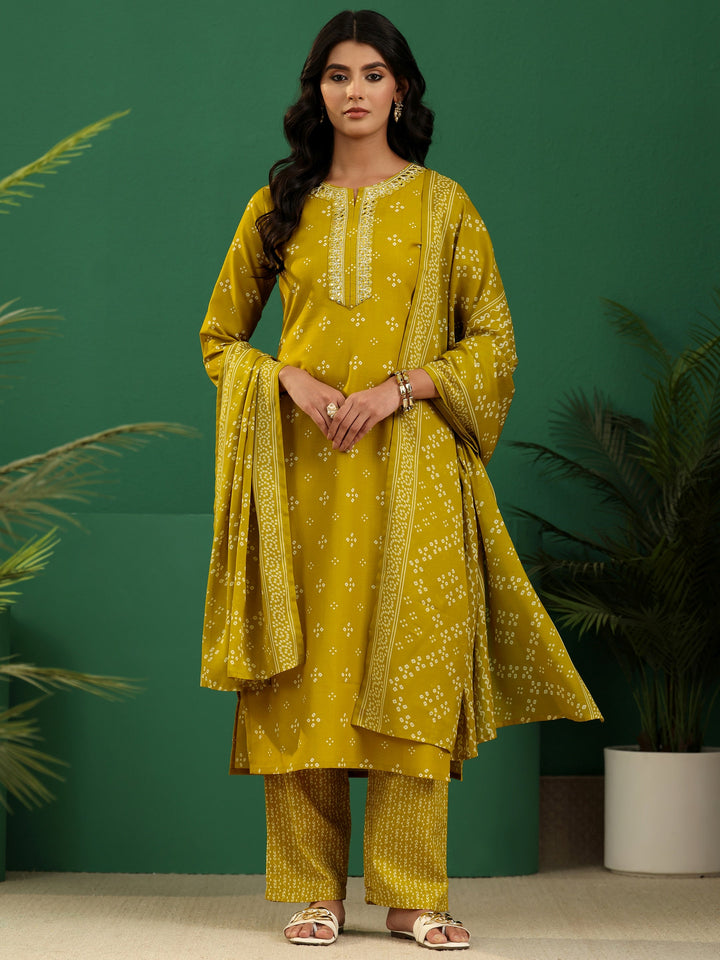 Gerua Green Bandhani Cotton Blend Straight Suit Set