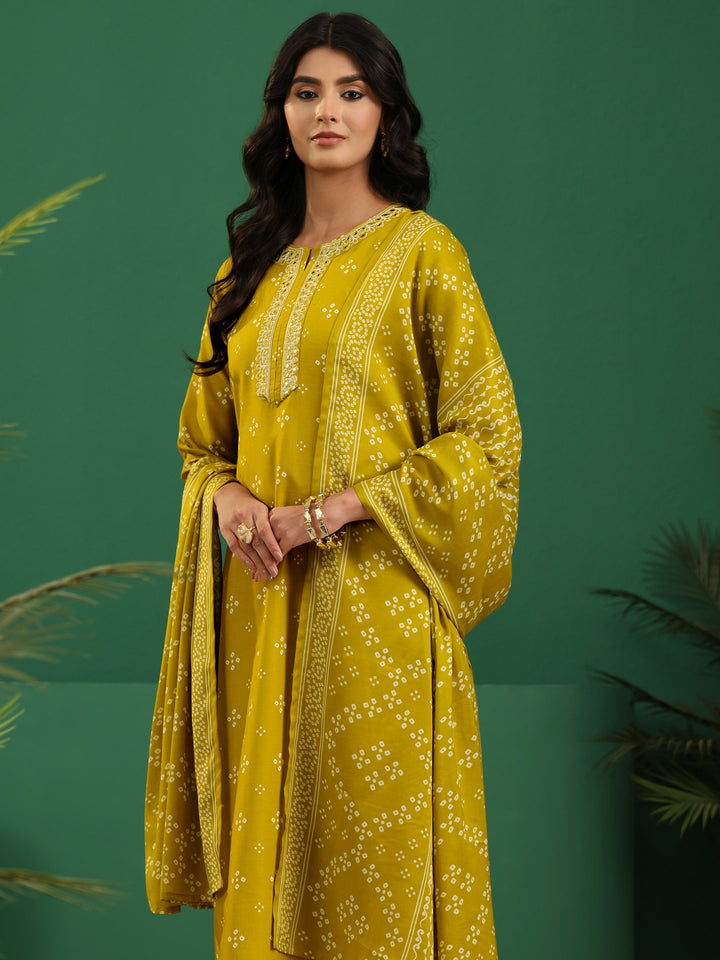 Gerua Green Bandhani Cotton Blend Straight Suit Set