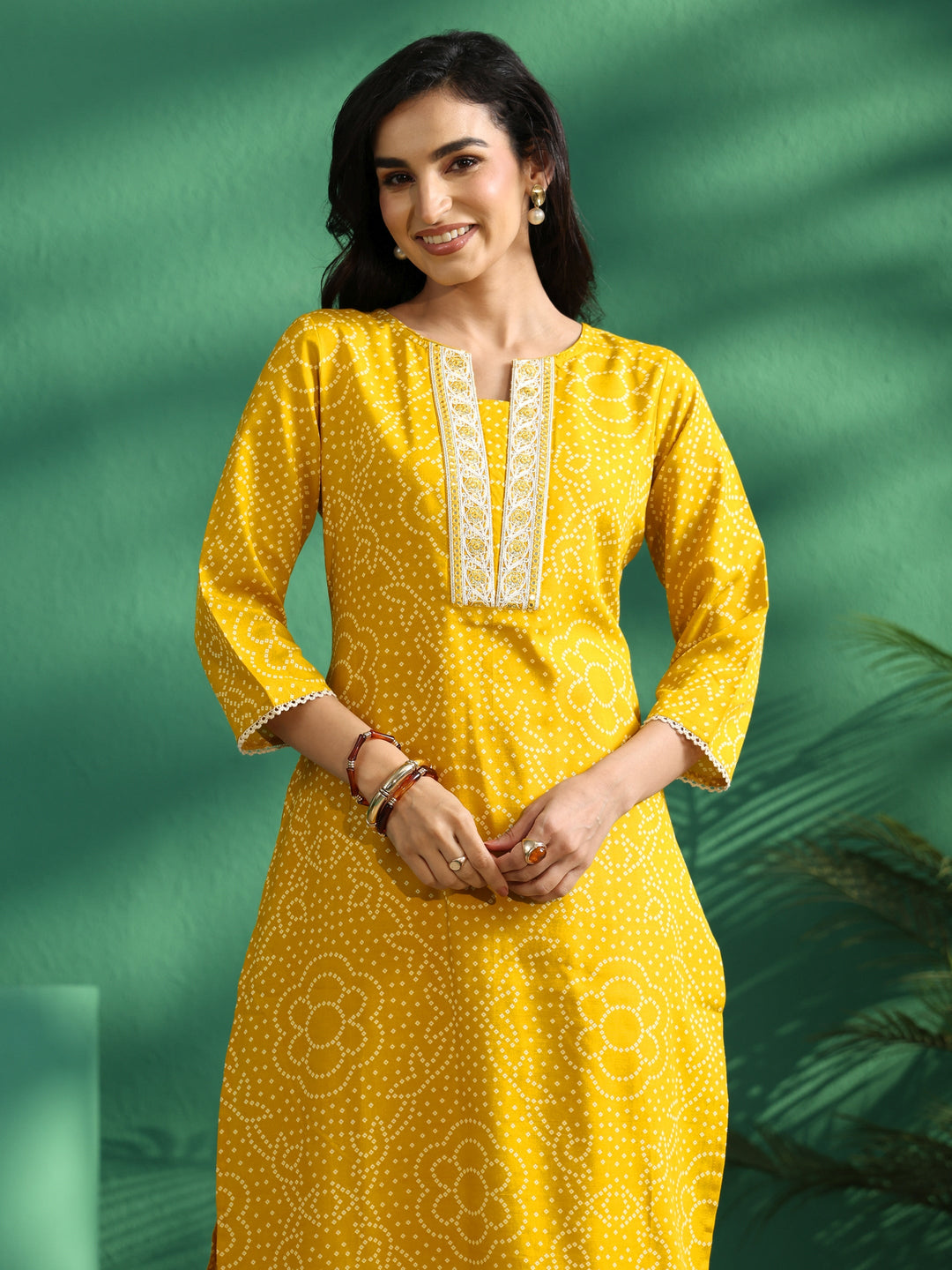Gerua Mustard Bandhani Cotton Blend A-Line Kurta Set