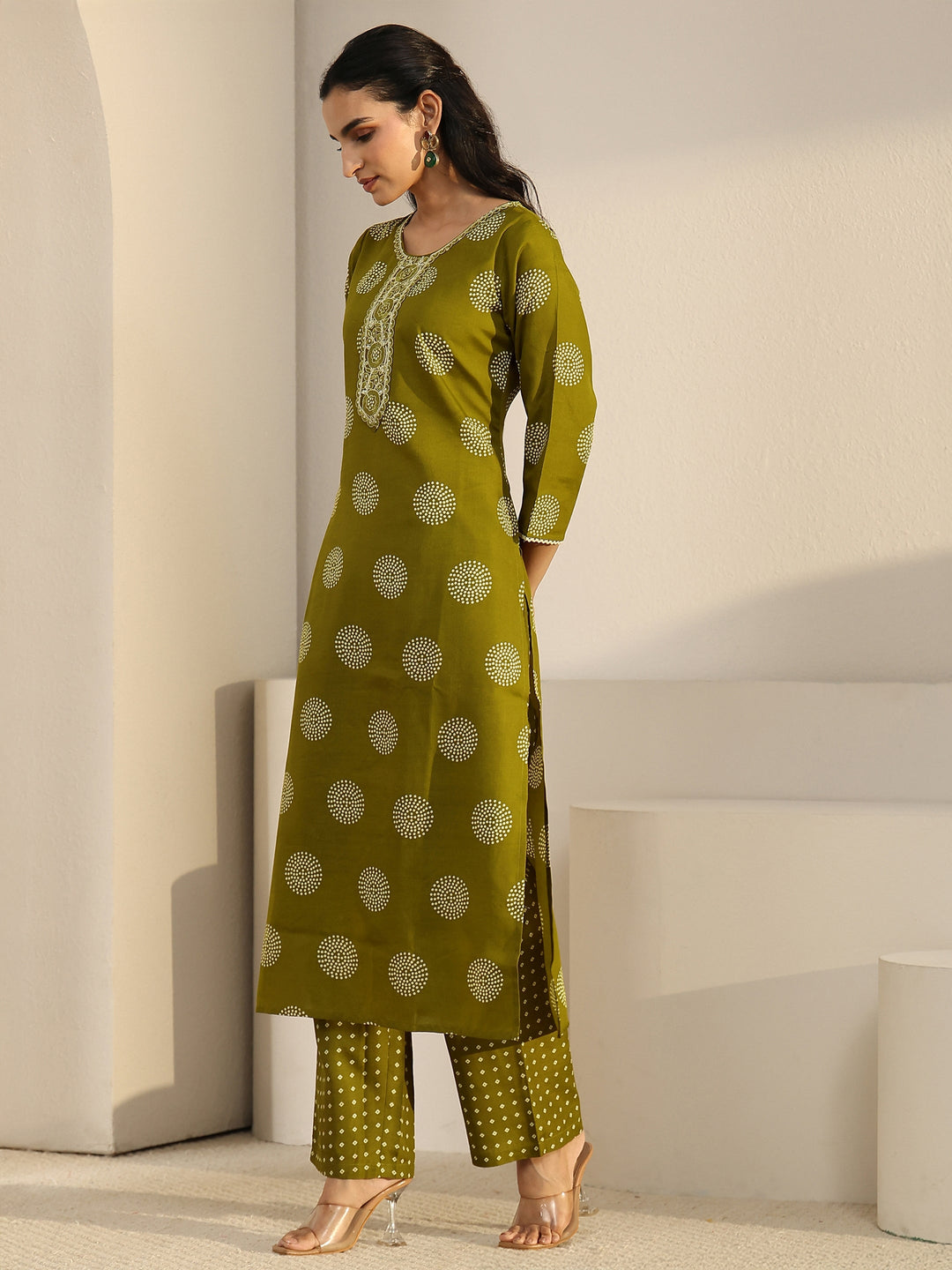 Gerua Green Circular Print Cotton Blend Straight Suit Set